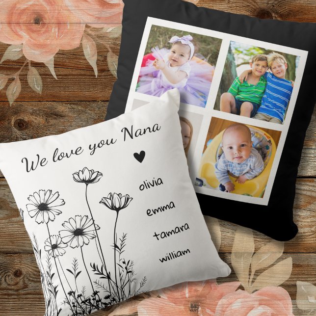Nana We Love You Grandkids 4 Photo Collage Floral Throw Pillow (Creator Uploaded)