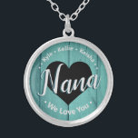 Nana We Love You Grandkids Name Necklace<br><div class="desc">Nana We Love You personalized grand kids name template. Easy to use,  just change the grand kids names to your own children.  All text is unlocked and customizable if needed. Cute rustic wood grain background.</div>