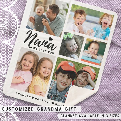 Nana We Love You Grandkids Names Photo  Collage Sherpa Blanket