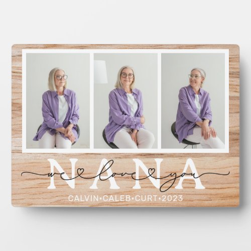 Nana We Love You Heart Script 3 Photo Gift Plaque