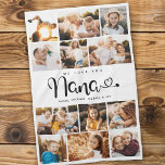 Nana We Love you Hearts Modern Photo Collage Kitchen Towel<br><div class="desc">We love you Nana! Cute, modern custom family photo collage kitchen towel to show grandma how much she's loved. We love this hand lettered script design with heart flourishes, making this a heartfelt keepsake gift for a beloved grandparent. Personalize with 12 favorite pictures and your personal message and names. Available...</div>