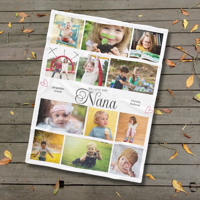 Nana We Love You Personalized Hearts Fleece Blanket (Nana custom fleece blanket with photos and text personalization.)