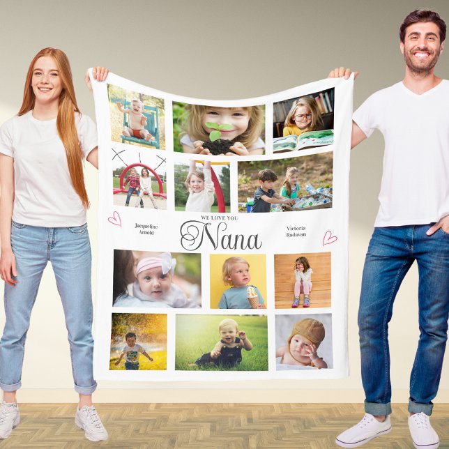 Nana We Love You Personalized Hearts Modern Fleece Blanket (Nana personalized fleece blanket with favorite photos and custom text.)