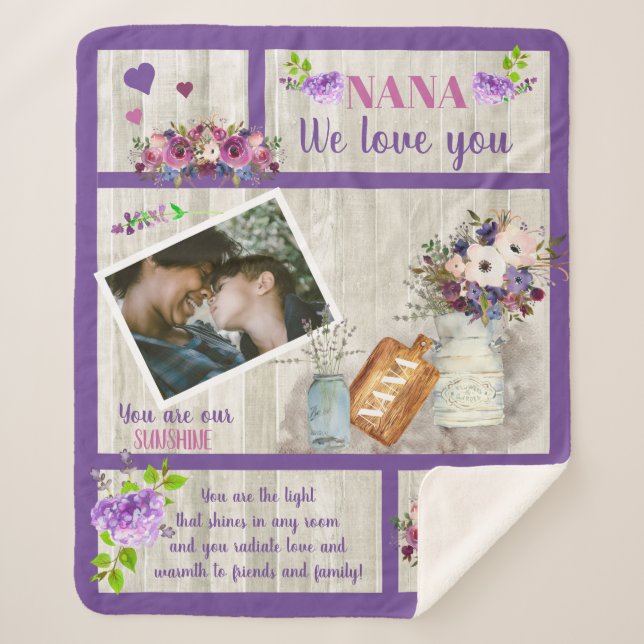 Nana We Love You Photo Floral | Wood Script Text  Sherpa Blanket (Front)