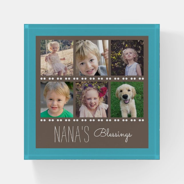 Nana's Blessings 6 Photo Collage Teal Paperweight (Front)