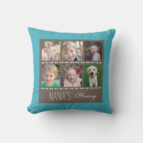 Nanas Blessings Photo Collage Teal and Brown Throw Pillow