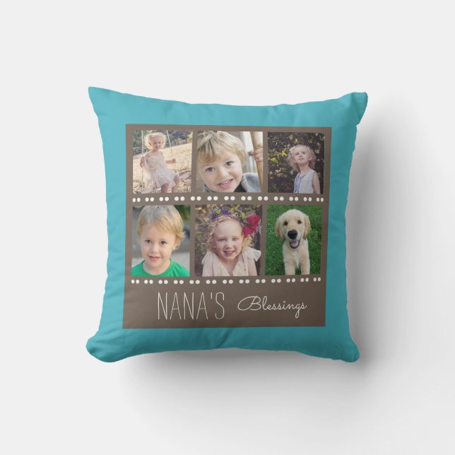 Nana's Blessings Photo Collage Teal and Brown Throw Pillow (Front)