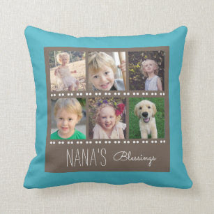 Nana's Blessings Photo Collage Teal and Brown Throw Pillow