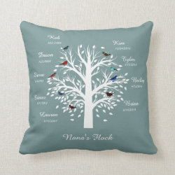 Nana's Flock Family Tree; 9 Birds w Names (blue) Throw Pillow
