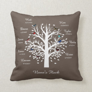 Nana's Flock, Family Tree; 9 Birds w/ Names, Dates Throw Pillow