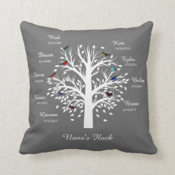Nana's Flock Family Tree; 9 Birds w Names (gray) Throw Pillow