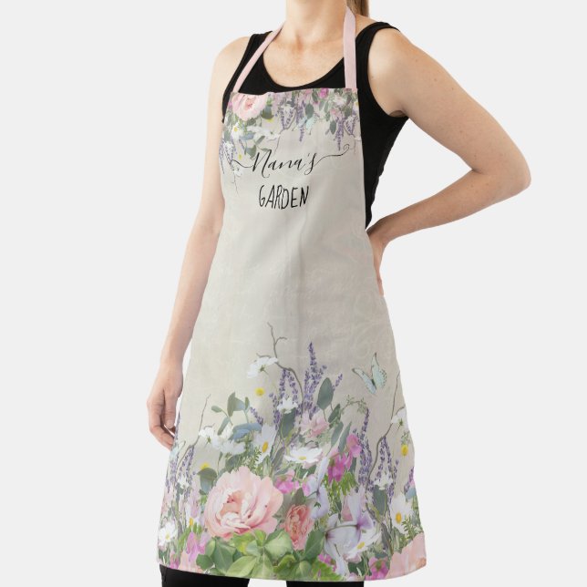 Nanas Garden Painted Floral Blush Purple Butterfly Apron (Insitu)