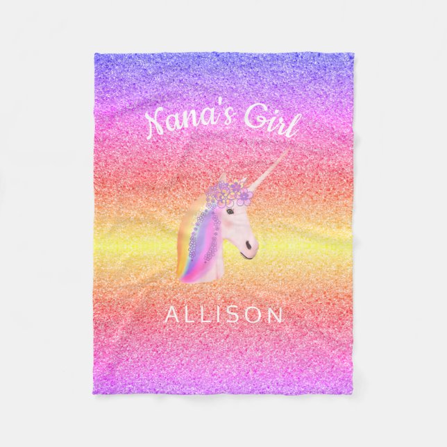 Nanas Girl Unicorn Rainbow Glitter Personalized  Fleece Blanket (Front)