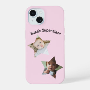 Nana's Superstars Personalized Two Photo Text iPhone 15 Case