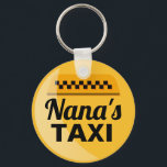 Nana's Taxi Service Keychain<br><div class="desc">Nana busy driving the grandkids around enough to warrant recognition as a taxi service? This is the perfect, funny gift for her. Yellow and black taxi-style emblem with words, Nana's Taxi" in black" features digitally rendered highlight and checkered pattern icon above title.</div>