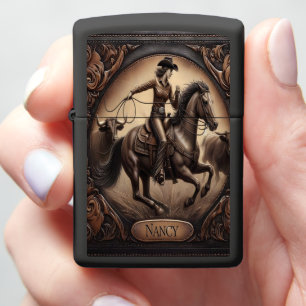 Nancy Cowgirl Riding Horse Zippo Lighter