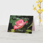 Nancy Happy Birthday Pink and White Rose Card (Yellow Flower)