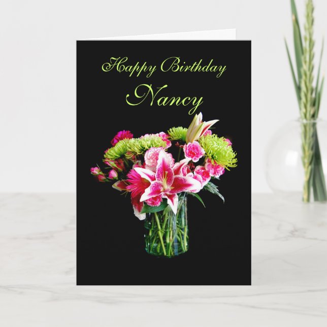 Nancy Happy Birthday, Stargazer Lily Bouquet Card (Front)