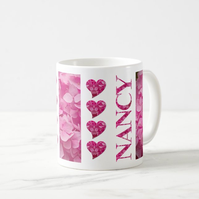 "Nancy" Pink Hydrangea Floral Lettering & Hearts Coffee Mug (Front Right)
