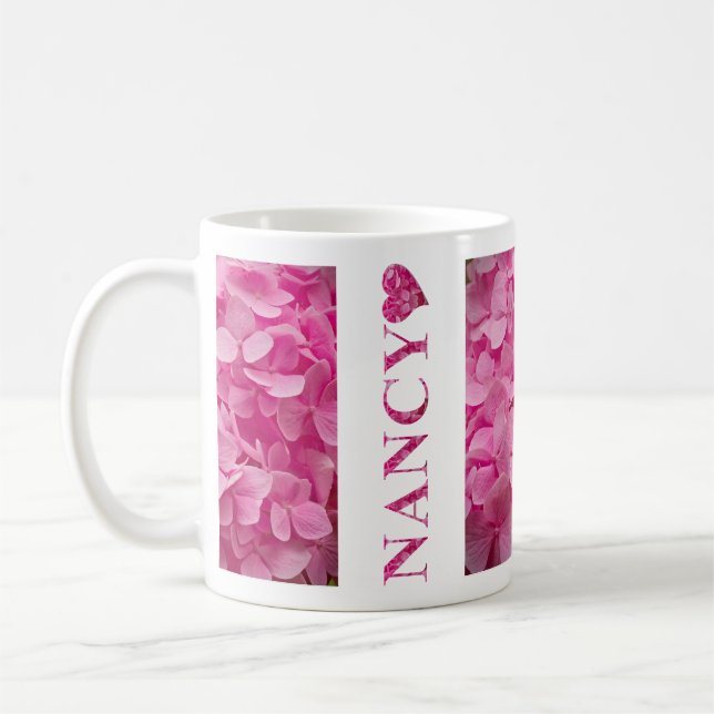 NANCY Pink Hydrangea Floral Letters and Cute Heart Coffee Mug (Left)