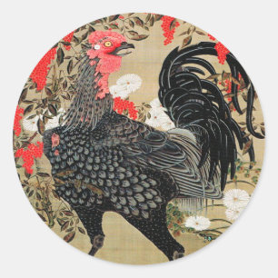 Nandina and Rooster Illustration by Ito Jakuchu Classic Round Sticker