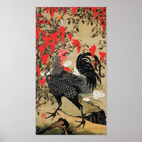 Nandina and Rooster Illustration by Ito Jakuchu Poster