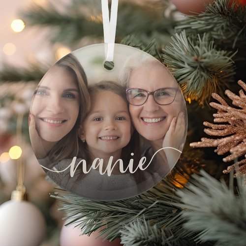 Nanie Grandma Script Overlay Glass Ornament