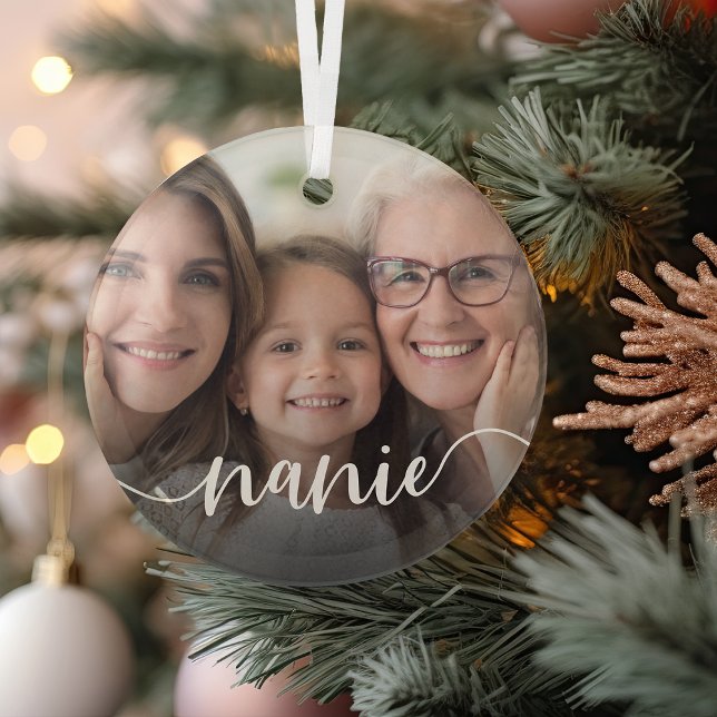 Nanie Grandma Script Overlay Glass Ornament (Creator Uploaded)