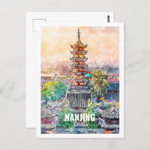 Nanjing China Famous Travel Watercolor Sketch Postcard