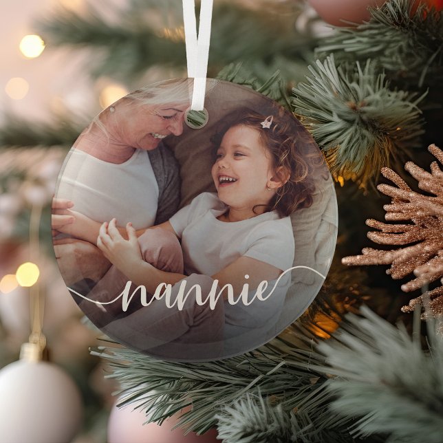 Nannie Grandma Script Overlay Glass Ornament (Creator Uploaded)