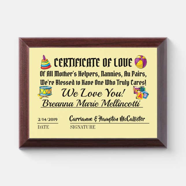 Nanny, Babysitter, Au Pair Award Plaque (Horizontal)
