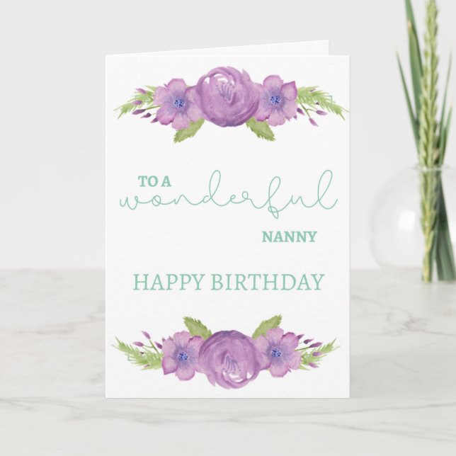 Nanny Birthday Card - Purple Watercolour Flower (Front)