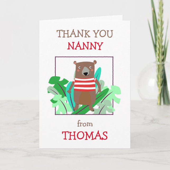 Nanny Name Cute Bear Leaves Thank You Card (Front)