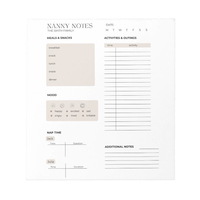 Nanny Notes, Nanny Log Notepad (Front)