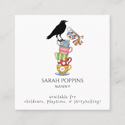 Nanny Whimsical Watercolor Crow  Tea Cups Square Business Card