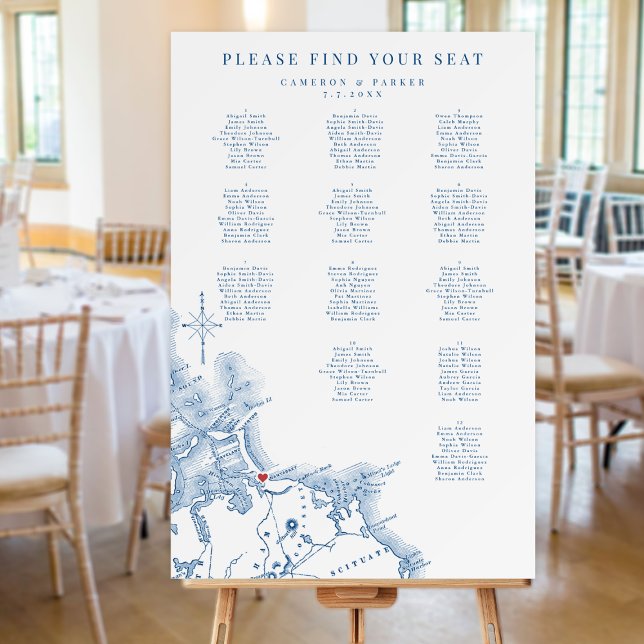 Nantasket Beach Resort Wedding Seating Chart Foam Board (Nantasket Beach Resort Seating Chart Hull MA Wedding in elegant navy blue from Coastal Map Designs)
