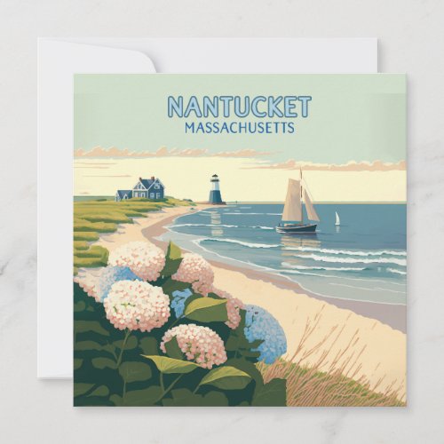 Nantucket Beach Hydrangeas Lighthouse Boat Retro