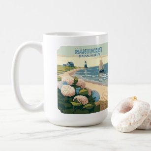 Nantucket Beach Hydrangeas Lighthouse Boat Retro Coffee Mug