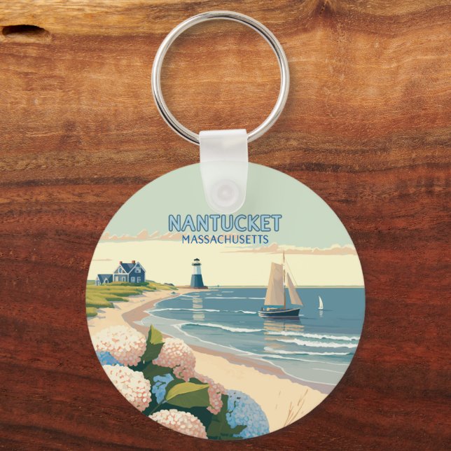 Nantucket Beach Hydrangeas Lighthouse Boat Retro Keychain (Front)