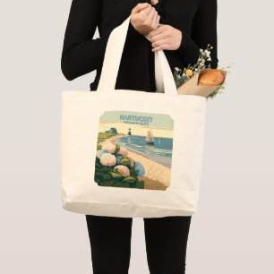 Nantucket Beach Hydrangeas Lighthouse Boat Retro Large Tote Bag