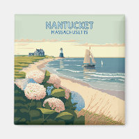 Nantucket Beach Hydrangeas Lighthouse Boat Retro