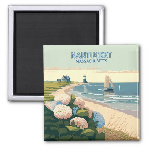 Nantucket Beach Hydrangeas Lighthouse Boat Retro Magnet