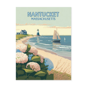 Nantucket Beach Hydrangeas Lighthouse Boat Retro  Postcard