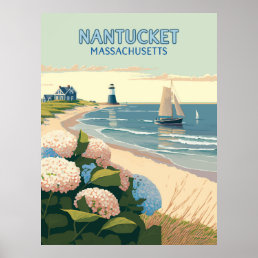 Nantucket Beach Hydrangeas Lighthouse Boat Retro Poster