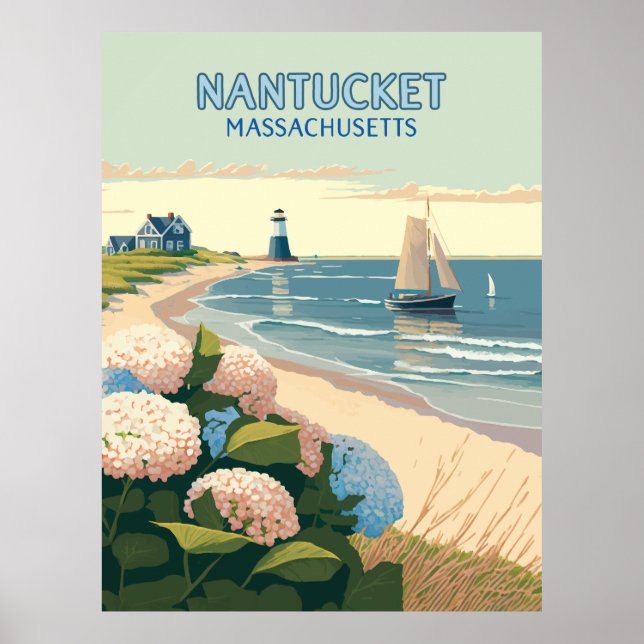 Nantucket Beach Hydrangeas Lighthouse Boat Retro Poster (Front)