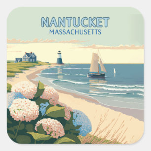 Nantucket Beach Hydrangeas Lighthouse Boat Retro Square Sticker