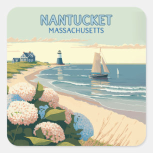 Nantucket Beach Hydrangeas Lighthouse Boat Retro Square Sticker