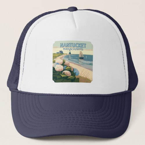 Nantucket Beach Hydrangeas Lighthouse Boat Retro Trucker Hat