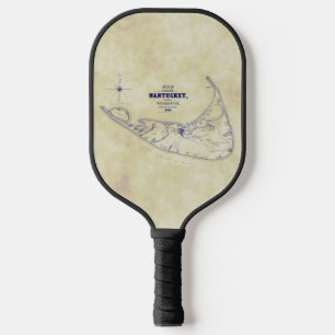 Nantucket Island MA TeaStain Vintage Map Navy Blue Pickleball Paddle
