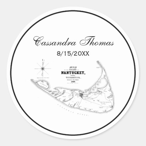 Nantucket Island MA Vintage Map Black Classic Round Sticker